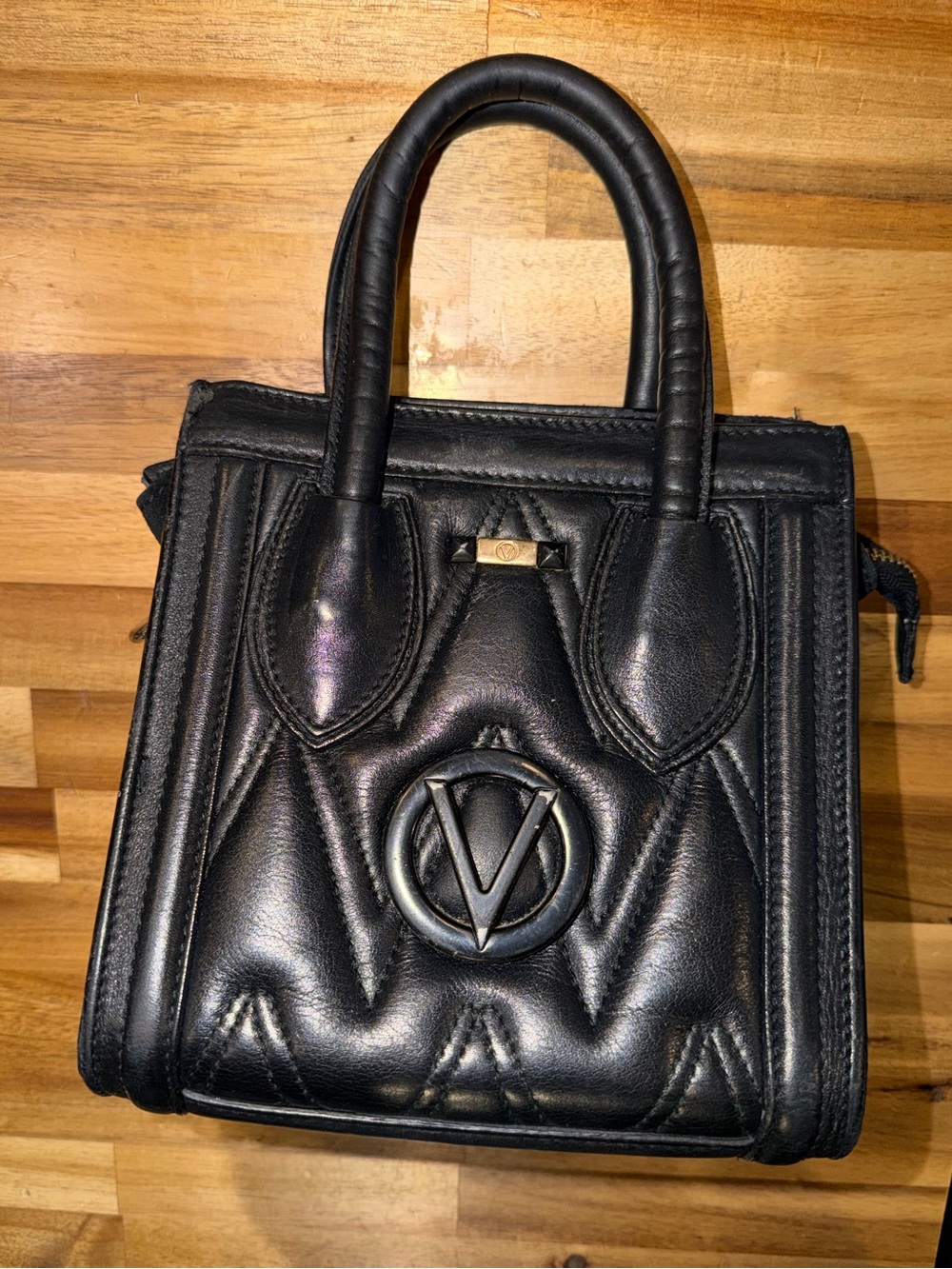 VALENTINO Black Quilted Leather Top-Handle Bag with Signature Emblem